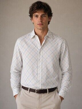 BANANA REPUBLIC WHITE BLUE BROWN PLAID SHIRT SIZE LARGE 16-16.5